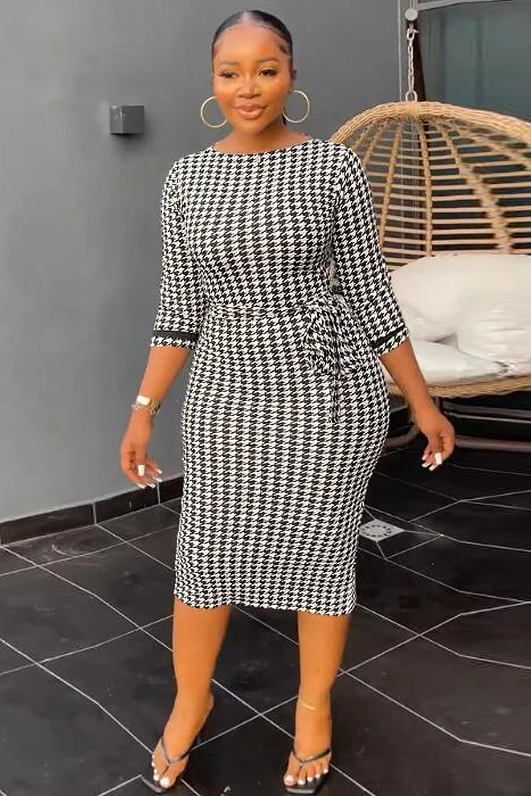Houndstooth Pattern Round Neck 3/4 Sleeve Tie Up Bodycon Midi Dresses