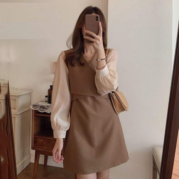 V-Neck Mock Two-Piece Mini A-Line Dress YP4425