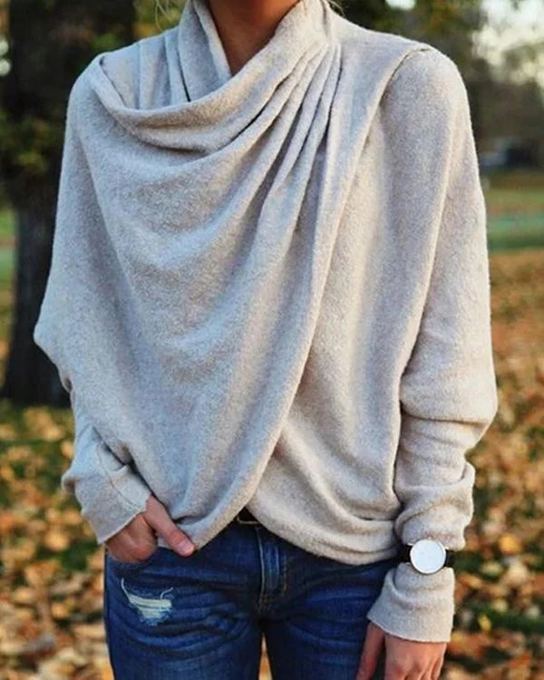 Women's Casual Asymmetric Cowl Neck Long Sleeve Knit Tops