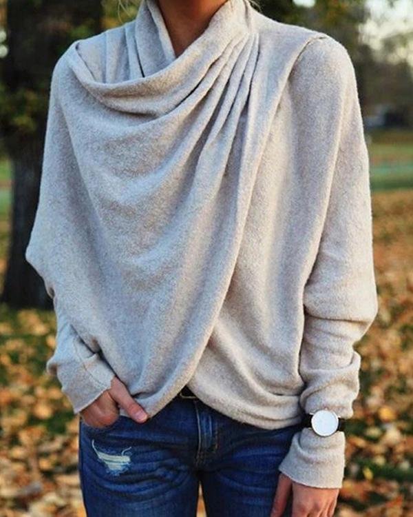 Women's Casual Asymmetric Cowl Neck Long Sleeve Knit Tops