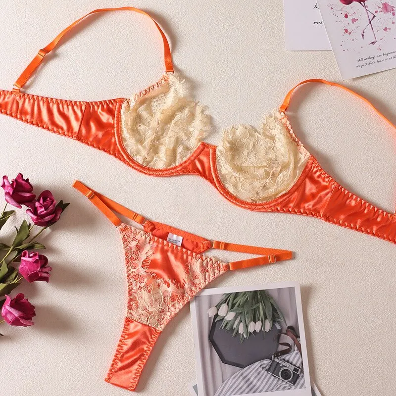 Billionm 2 Piece Contrast Colors Lace Lingerie Set Women Transparent