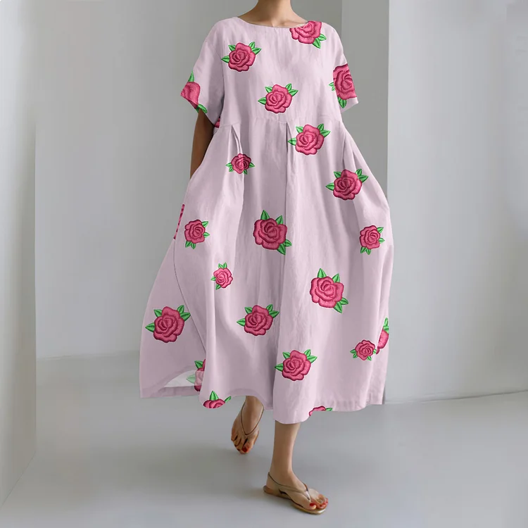 Comstylish Retro Loose Flowers Print Short Sleeve Linen Blend Dress