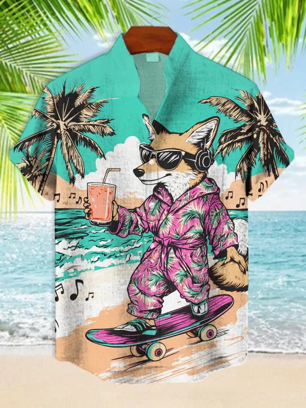 Men's Fox Skateboarding Vacation Art Print Casual Shirt