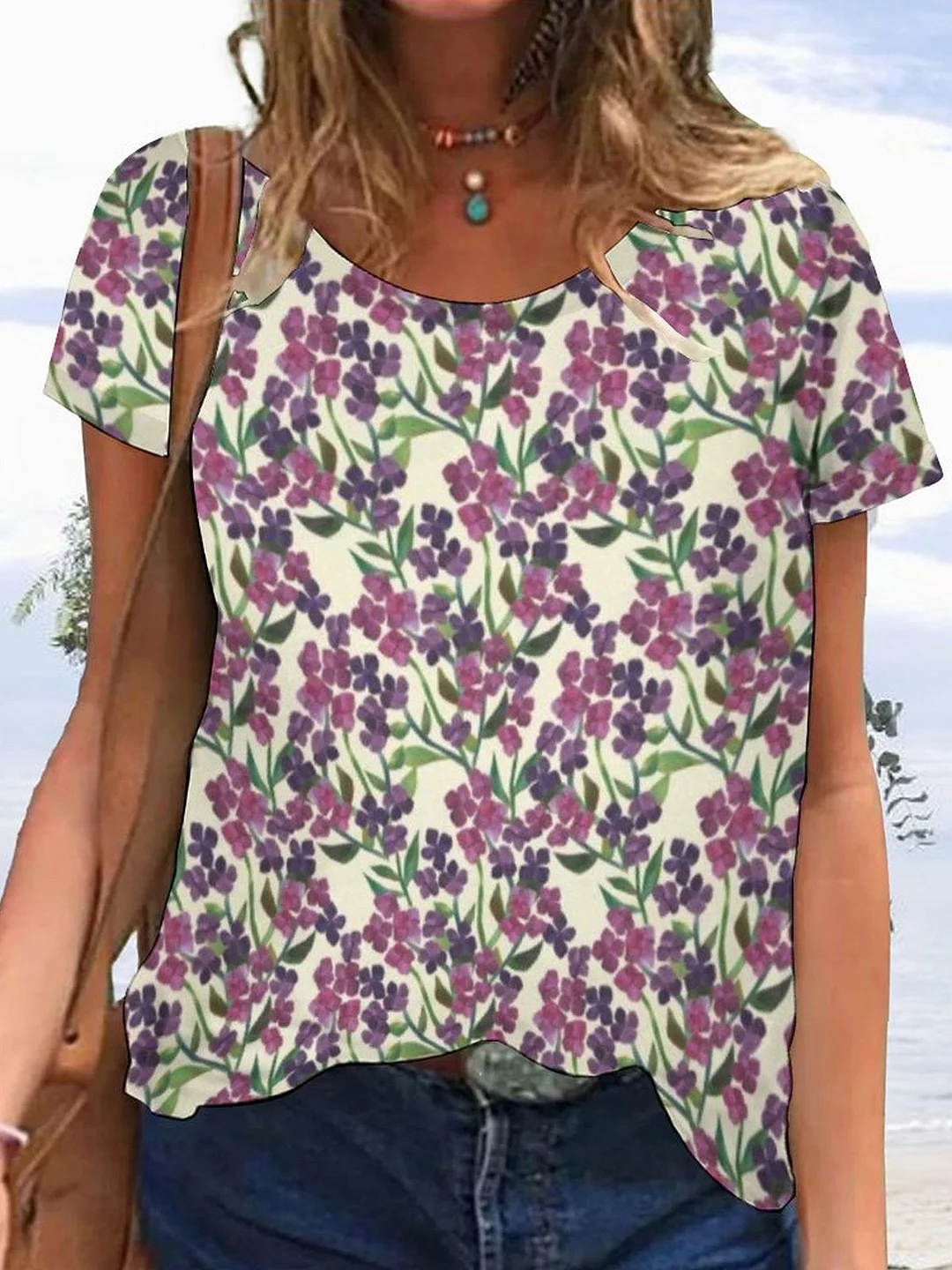 Women's Scoop Neck Short Sleeve Purple Floral Printed Top