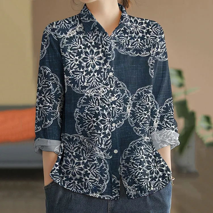 Comstylish Ethnic Geometric Flower Print Long Sleeve Shirt