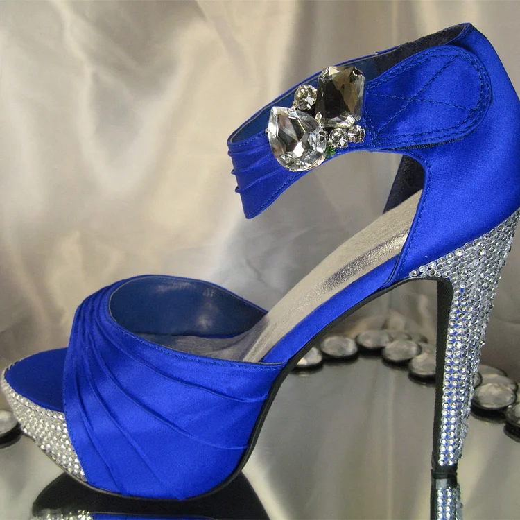 Blue Ankle Strap Bridal Shoes Rhinestone Stilettos Platform Sandals |FSJ Shoes
