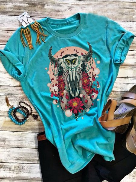 Bestdealfriday Blue Shift Floral Print Cotton Short Sleeve Shirts Tops 9123705
