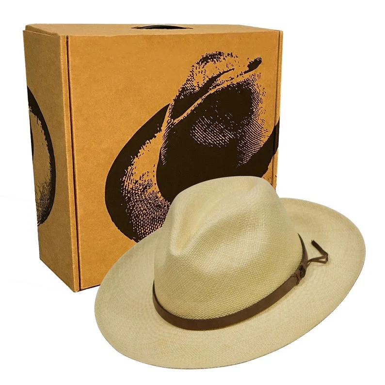 Original Panama Hat - Wide Brim Fedora - Natural Straw - Brown Leather Band - Handmade in Ecuador by Ecua-Andino - EA - HatBox Included-FREE SHIPPING