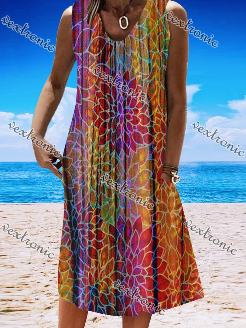 Women Sleeveless V-neck Printed Colorblock Midi Dress