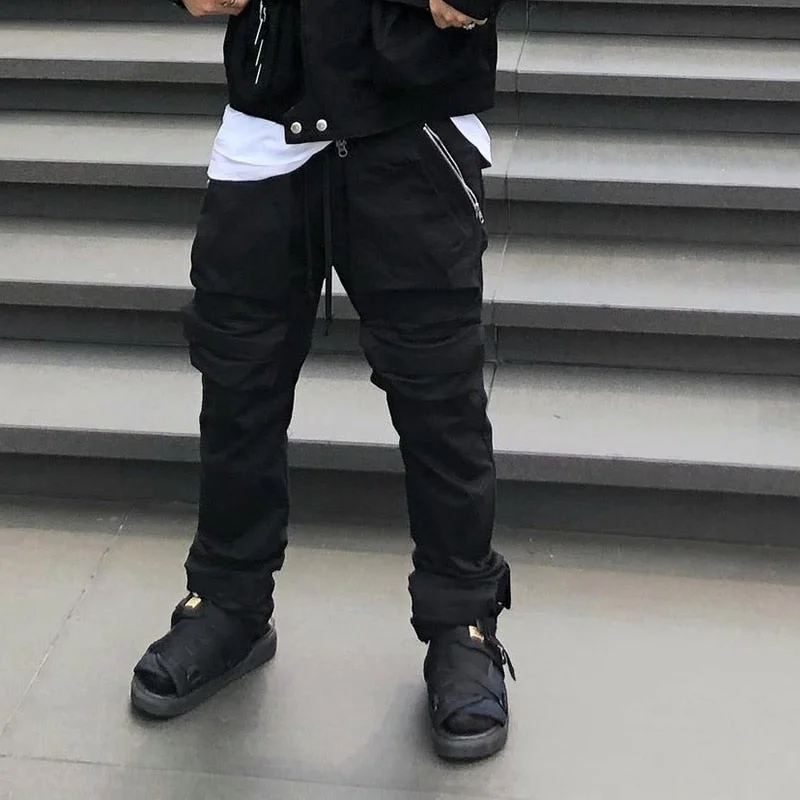 High street Multi-pocket Drawstring Overalls Mens Straight Ribbons Oversize Casual Cargo Pants Hip Hop Loose Baggy Trousers