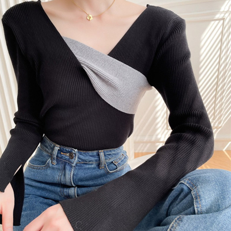 Fashion V-neck Cross Colorblock Irregular Knit Sweater Top