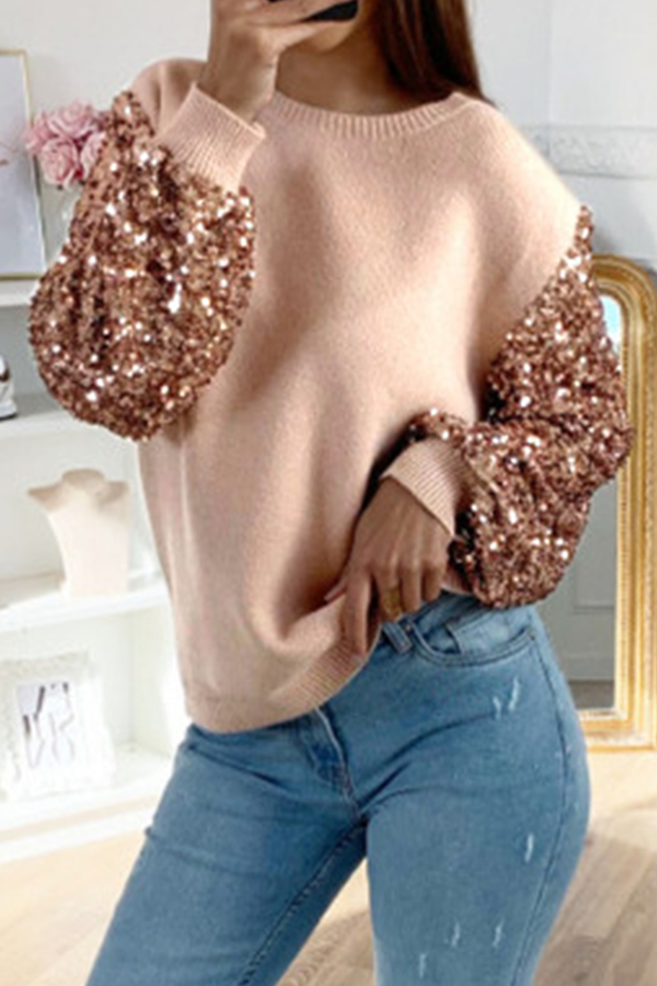 Fashion Patchwork Sequins O Neck Tops Sweater - Life is Beautiful for You - SheChoic