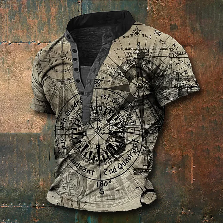 Men'S Map Compass Print Henry T-Shirt
