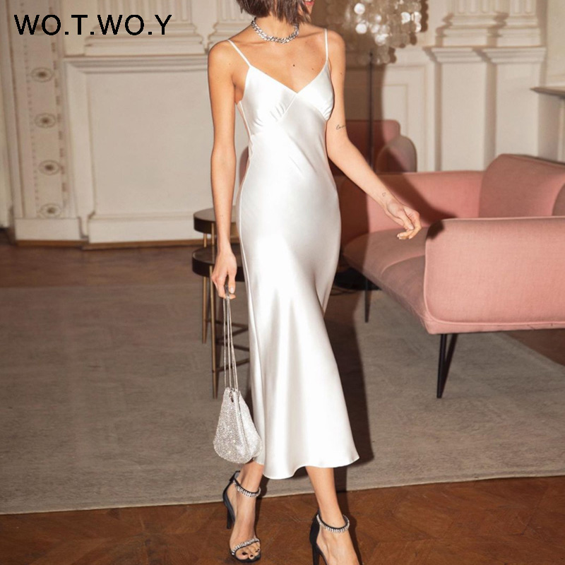 WOTWOY V-neck Sleeveless Dresses Women Spaghetti Strap Mid-Calf Sheath Party Dresses Femme Clothes Women Summer New