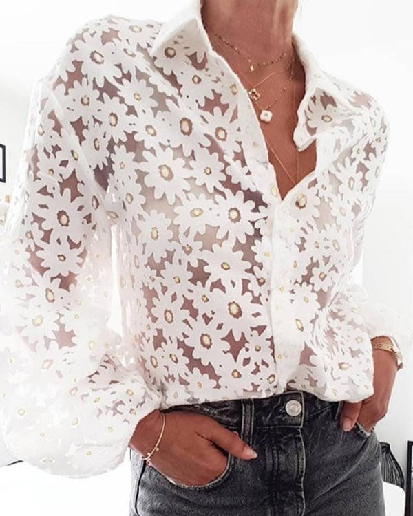 Modern See-through Floral Print Folding Collar Puff Sleeves Shirt