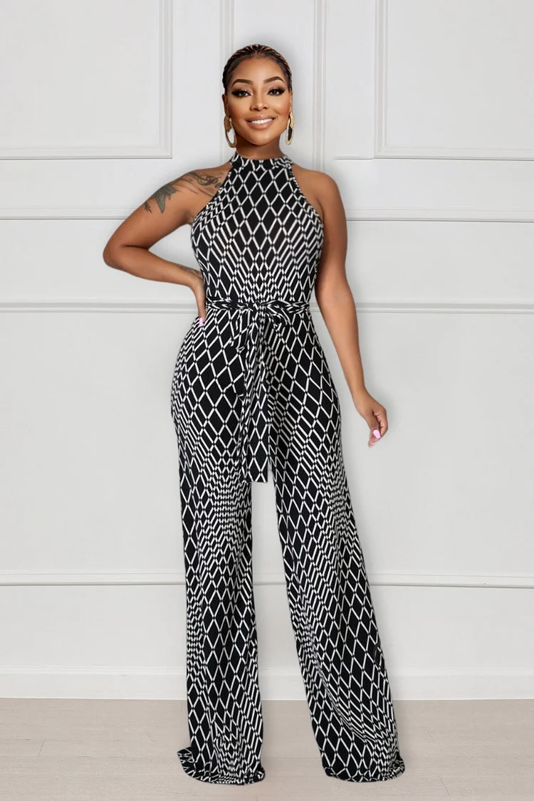 Halter Neck Strap Geometric Print Jumpsuit