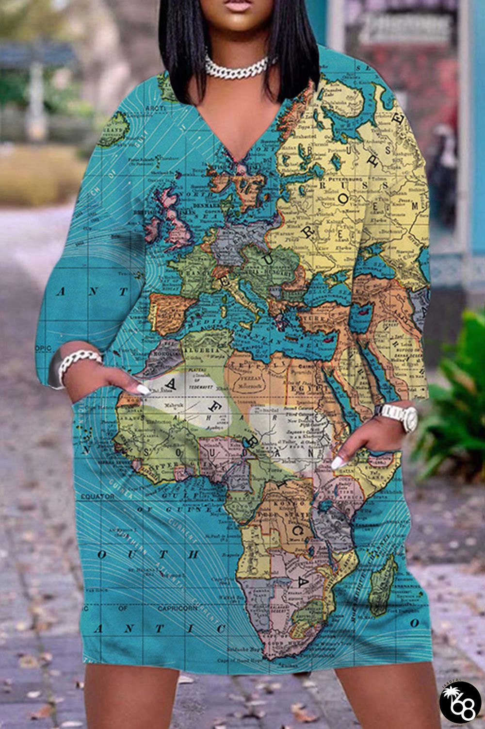 Navy Casual Print Basic V Neck Long Sleeve Dresses | 168DEAL