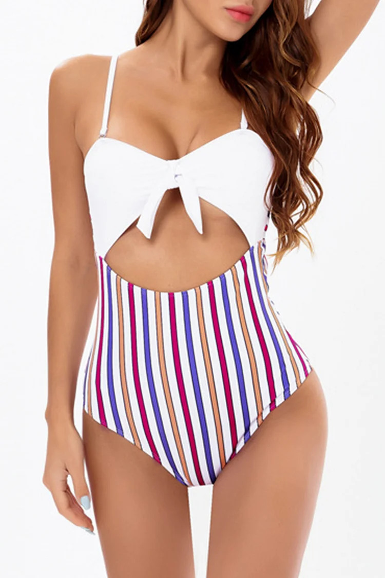 1950s White Vacation Colorful Striped Cut Out One Piece Swimsuit