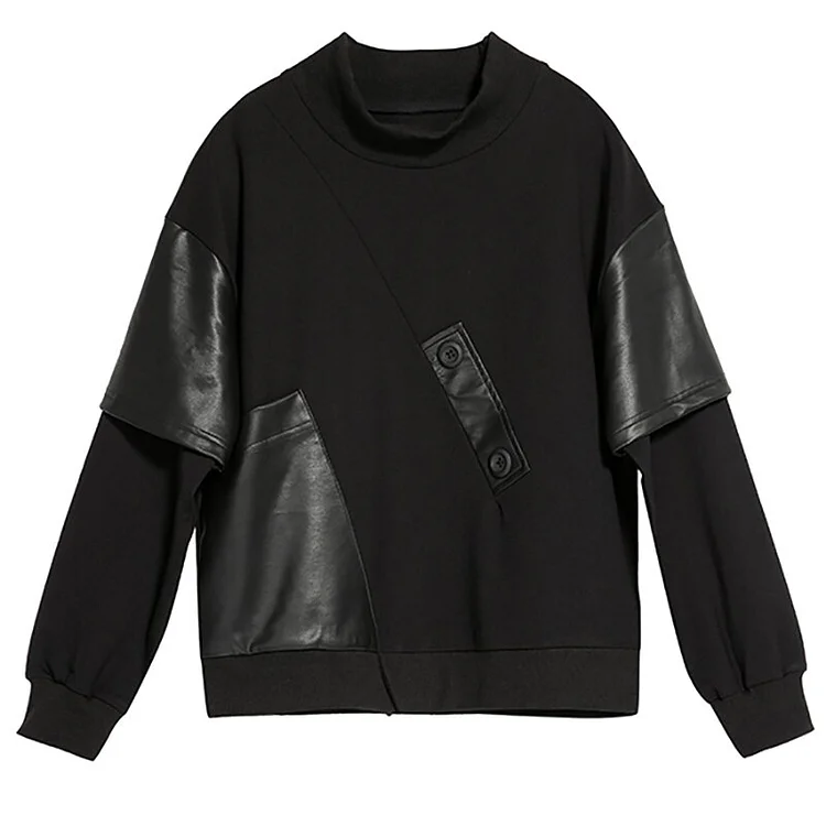 Cool Loose Black Stand Collar Spliced Pu Leather Decor Pocket Long Sleeve Sweatshirt