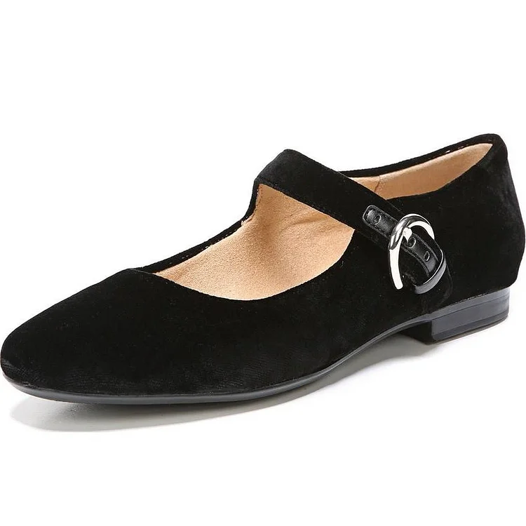 Black Vegan Suede Buckle Mary Jane Shoes Comfortable Flats |FSJ Shoes