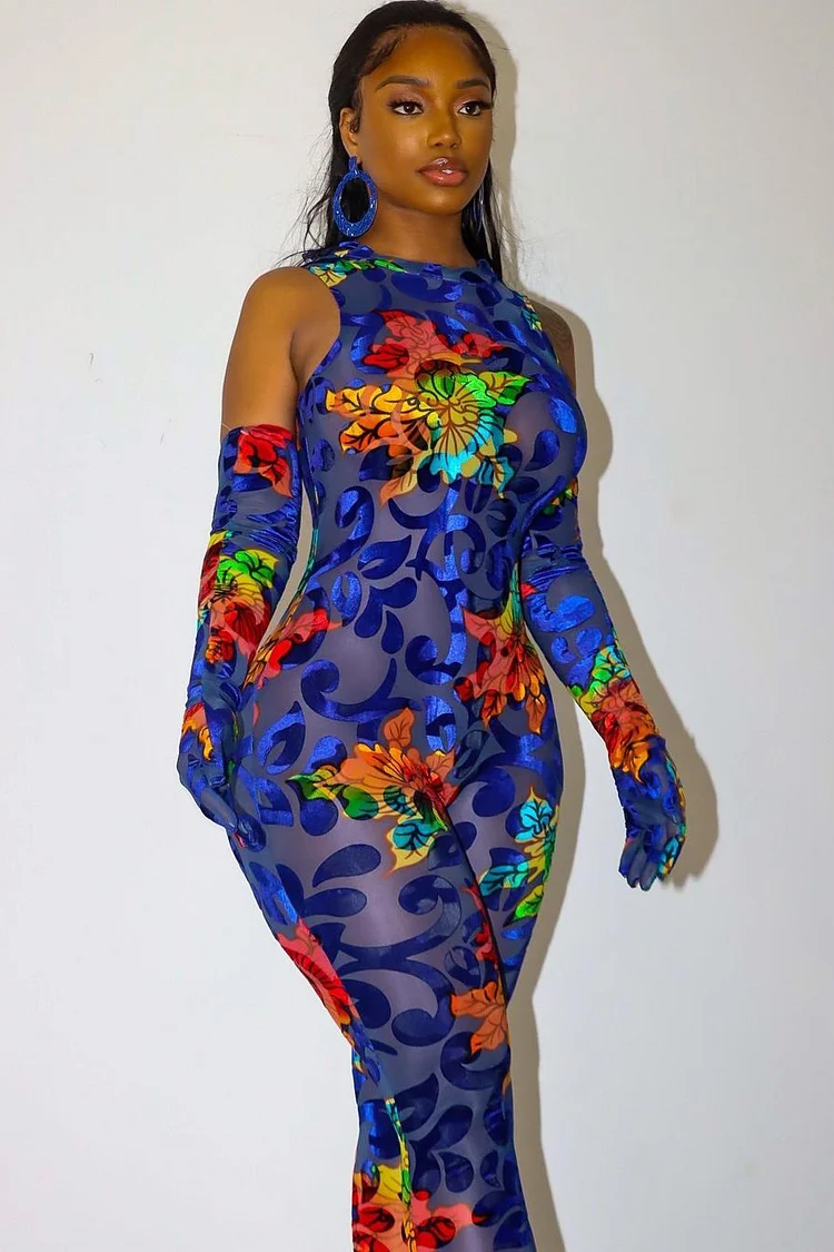 Multicolor Floral Print Tank Gloves Skinny Party Jumpsuit 