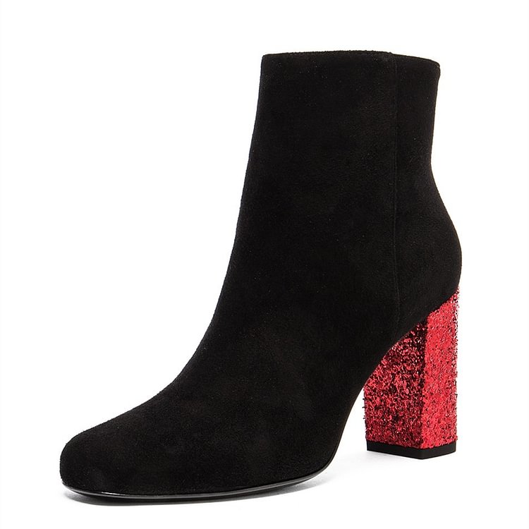 Black Ankle Booties Suede Round Toe Glitter Chunky Heel Boots |FSJ Shoes