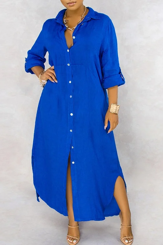 Turndown Collar Side Slit Solid Maxi Dress