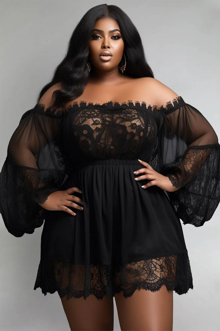 Plus Size Party Mini Dresses Black Fall Winter Off The Shoulder Lantern Sleeve Long Sleeve See Through Lace Mini Dresses [Pre-Order]