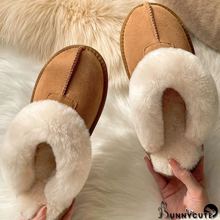Women's Casual Solid Color Round Toe Mid Heels Plush Slippers