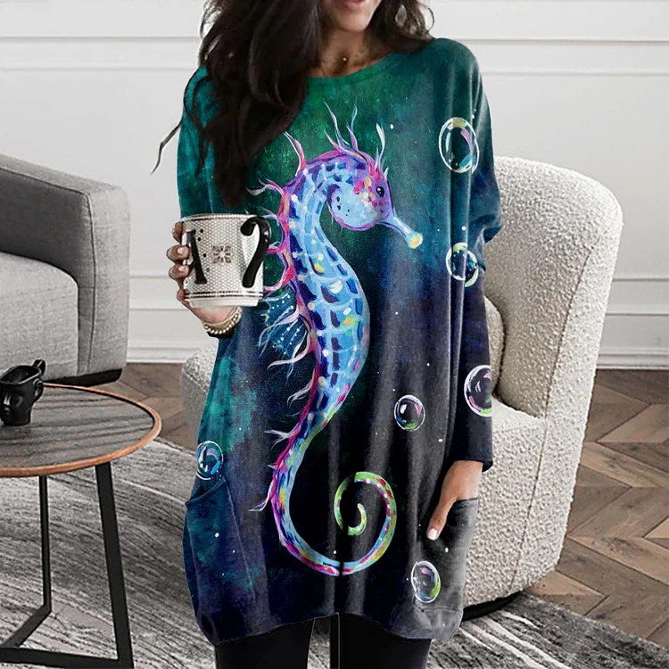 Vefave Long Sleeve Casual Seahorse Print Tunic