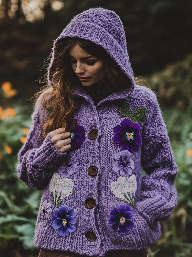 Women's Purple Flowers Embroidery Pattern Cozy Knit Hooded Cardigan