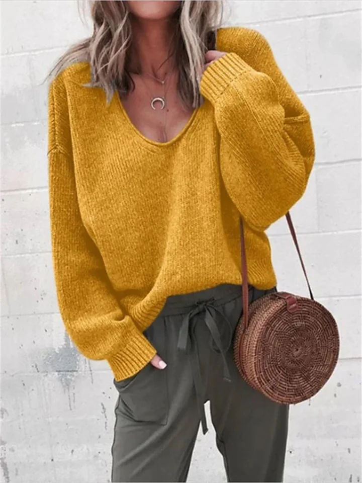 Women's Pullover Sweater Jumper Knitted Solid Color Stylish Basic Casual Long Sleeve Regular Fit Sweater Cardigans V Neck Fall Winter Purple Yellow Gray / Holiday