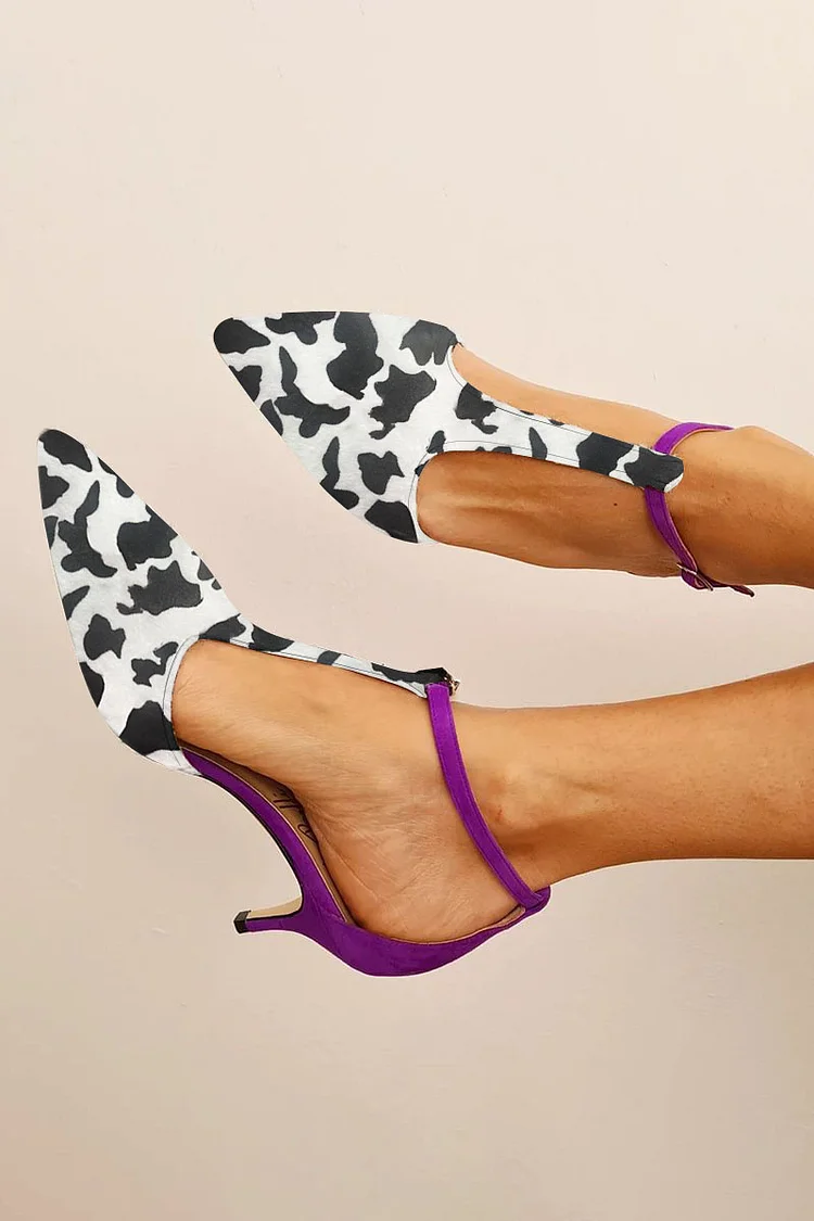 Cow Pattern Print Pointy Toe T-Strap Kitten Heels