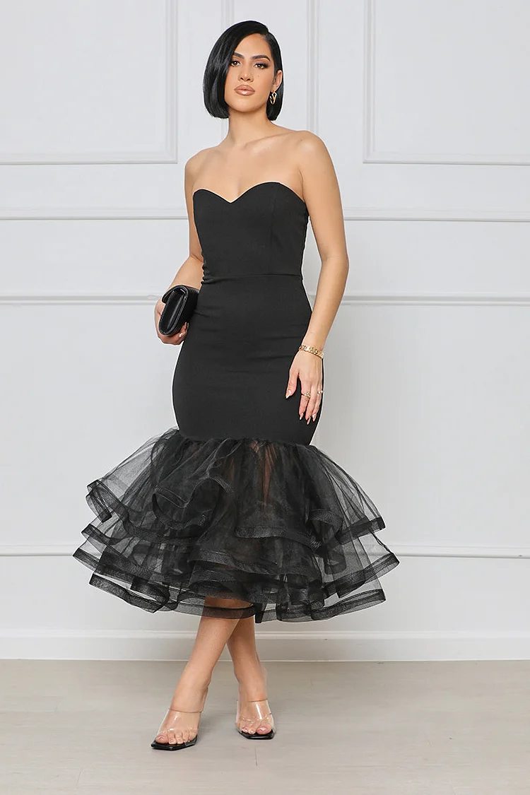 Strapless Open Back Tulle Ruffle Formal Prom Dresses