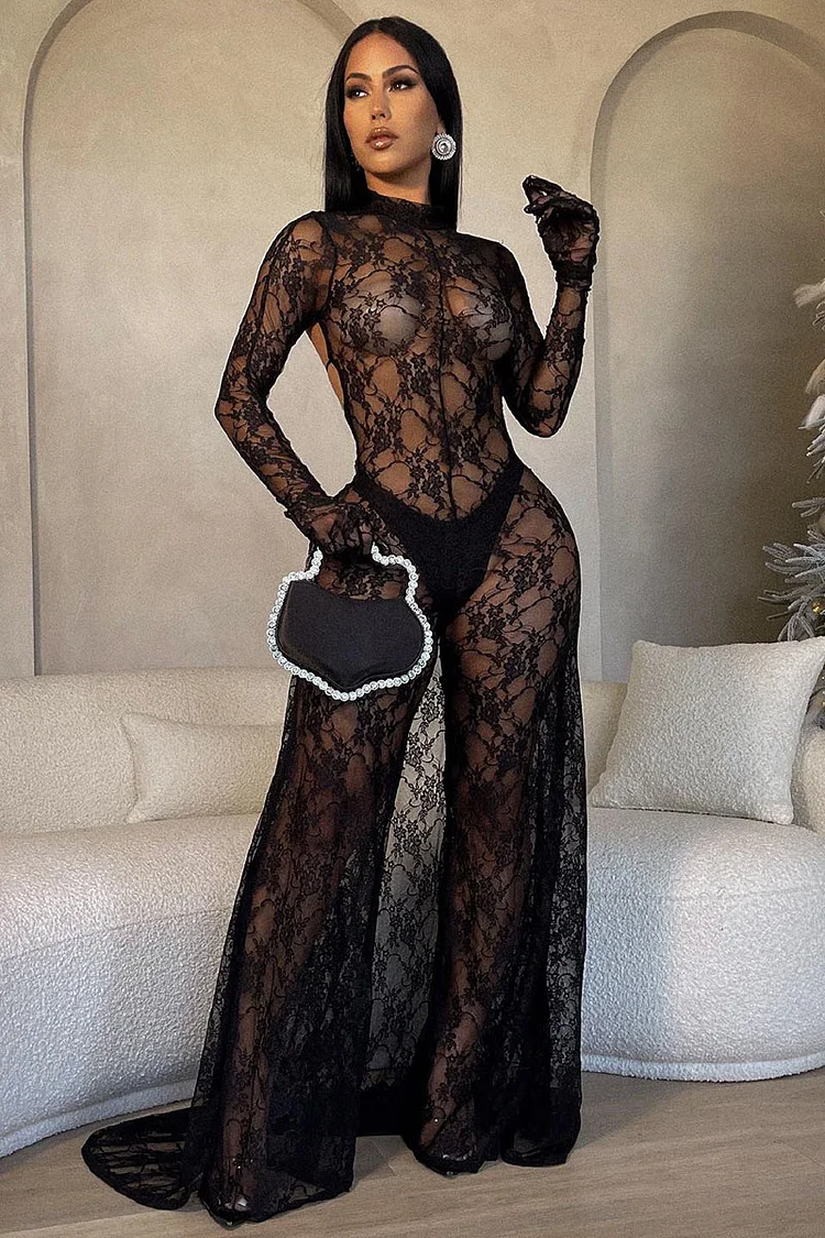 Lace See Through Long Sleeve Backless Overlay Party Wide Leg Jumpsuit-Black 