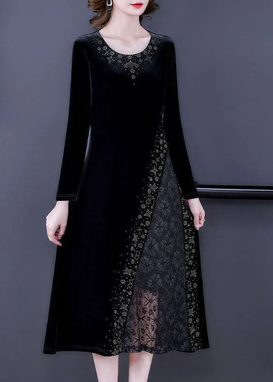 Style Black O-Neck Lace Patchwork Hollow Out Silk Velour Dress Spring <Shipping in 30 days>