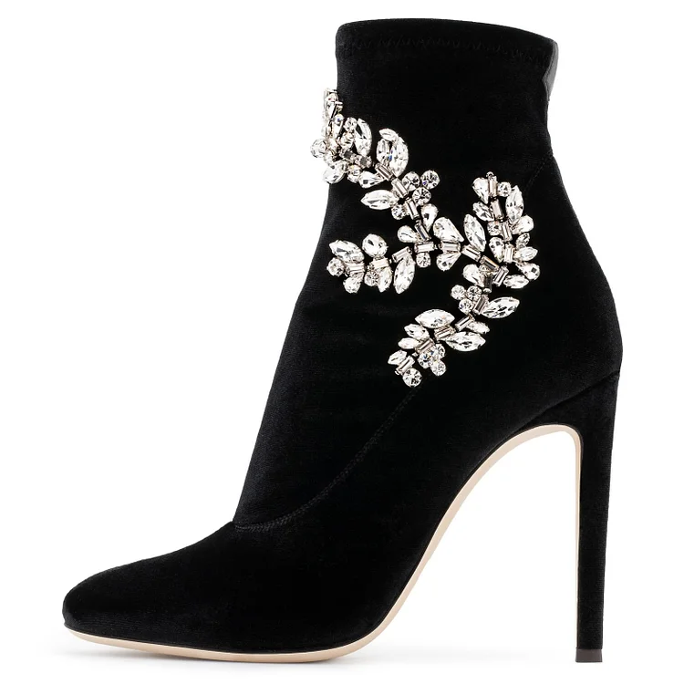 Black Velvet Ankle Boots Rhinstone Embellished Stiletto Heel Booties |FSJ Shoes
