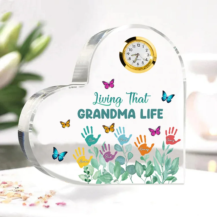 Personalized Heart-Shaped Acrylic Clock Keepsake Engraved 6 Names Heart Butterfly Ornament Grandparents' Day Gift for Mom Grandma