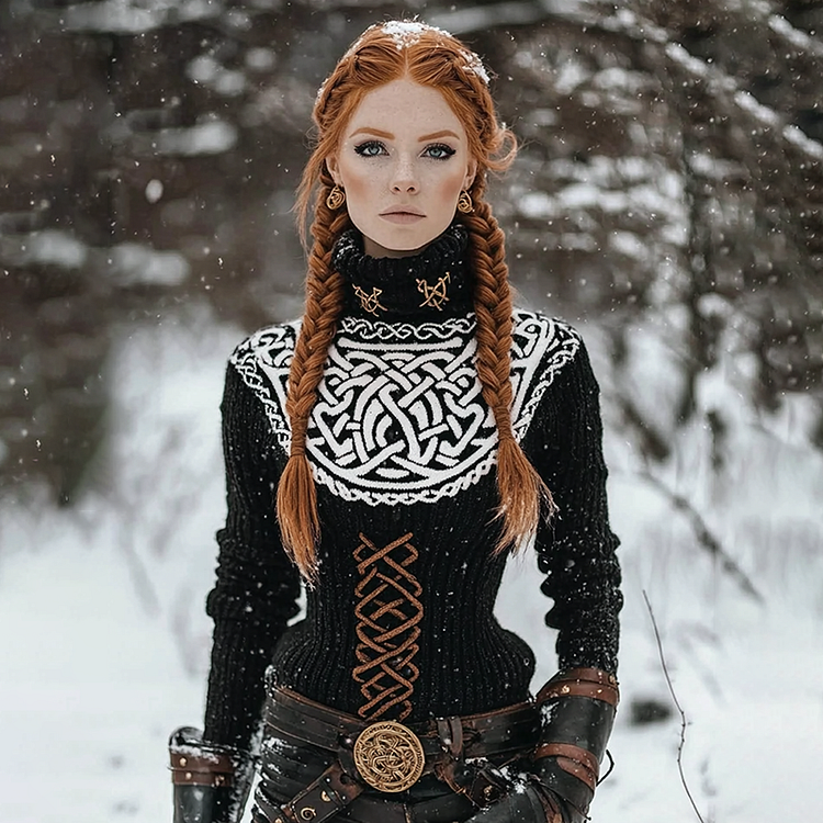 Women's Viking Style Celtic Knot Line Type Knitted High Neck Sweater