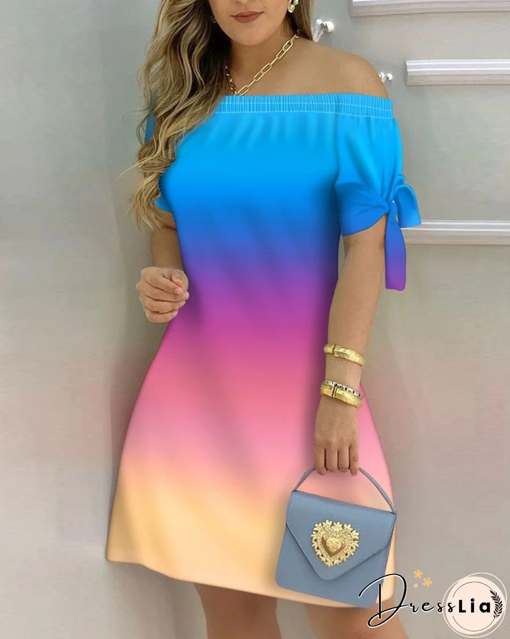 Sexy Female Casual Striped Off Shoulder Short Sleeve Mini DressFor Ladies Bow Tie Print A Line Party Short Dresses Vestidos