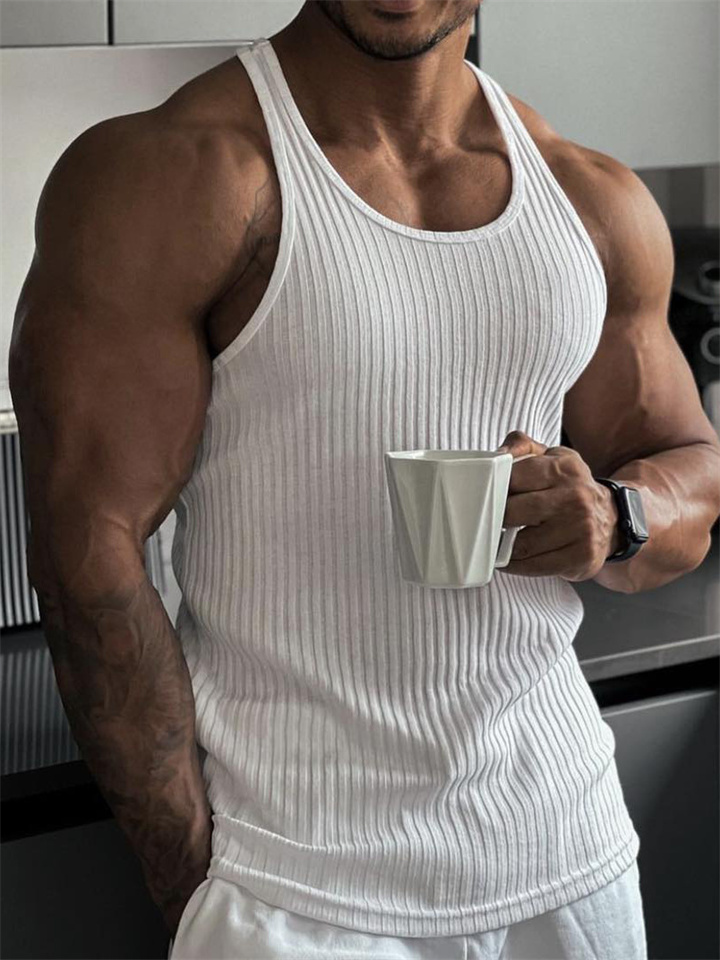 Summer Explosion of Solid Color Knitted Vertical Stripes Fitness Sports Slim Undershirt Men Work Word Undershirt | 168DEAL