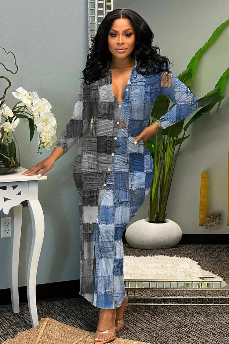 Casual Button Up Patchwork Print Long Sleeve Maxi Dresses