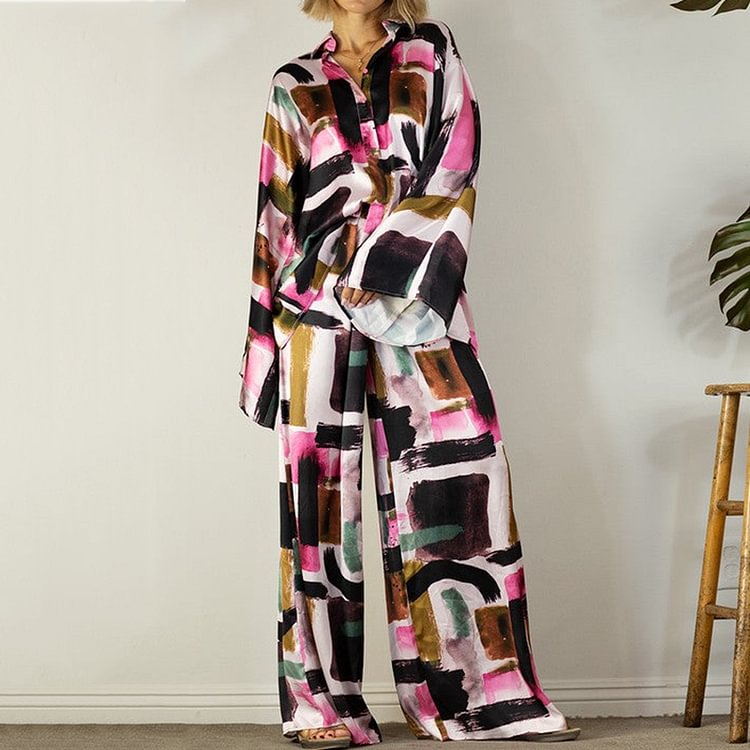 VChics Fashion Color Contrast Print Long Sleeve Shirt Two-Piece Set