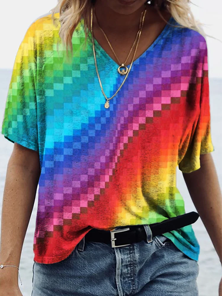 Rainbow Geometric Wave V Neck T Shirt