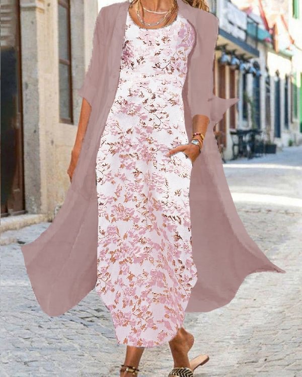 Fake Two Piece Casual Crew Neck Printed Maxi Dress S-5XL - Chicaggo