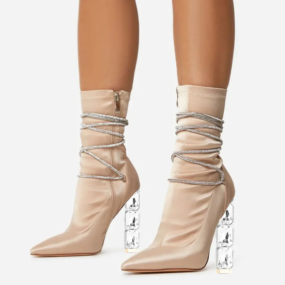 Light Pink Pointed Toe Sock Boots Satin Decorative Heel Strappy Calf Boots Nicepairs
