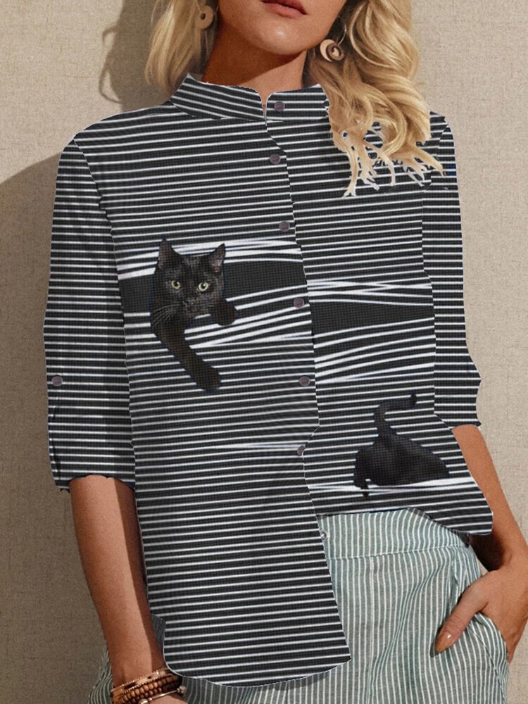 Cartoon Cat Striped Print Stand Collar Button Shirt P1762117