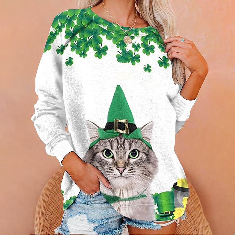 Comstylish Casual Cat Green Hat Clover St. Patrick's Day Round Neck Sweatshirt