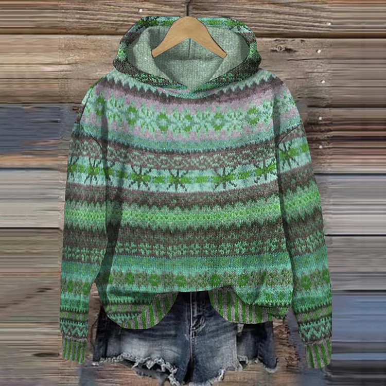 VChics Ethnic Print Vintage Hooded Sweater