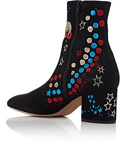 Women's Black Pointed Toe Universe Pattern Ankle Chunky Heel Boots |FSJ Shoes